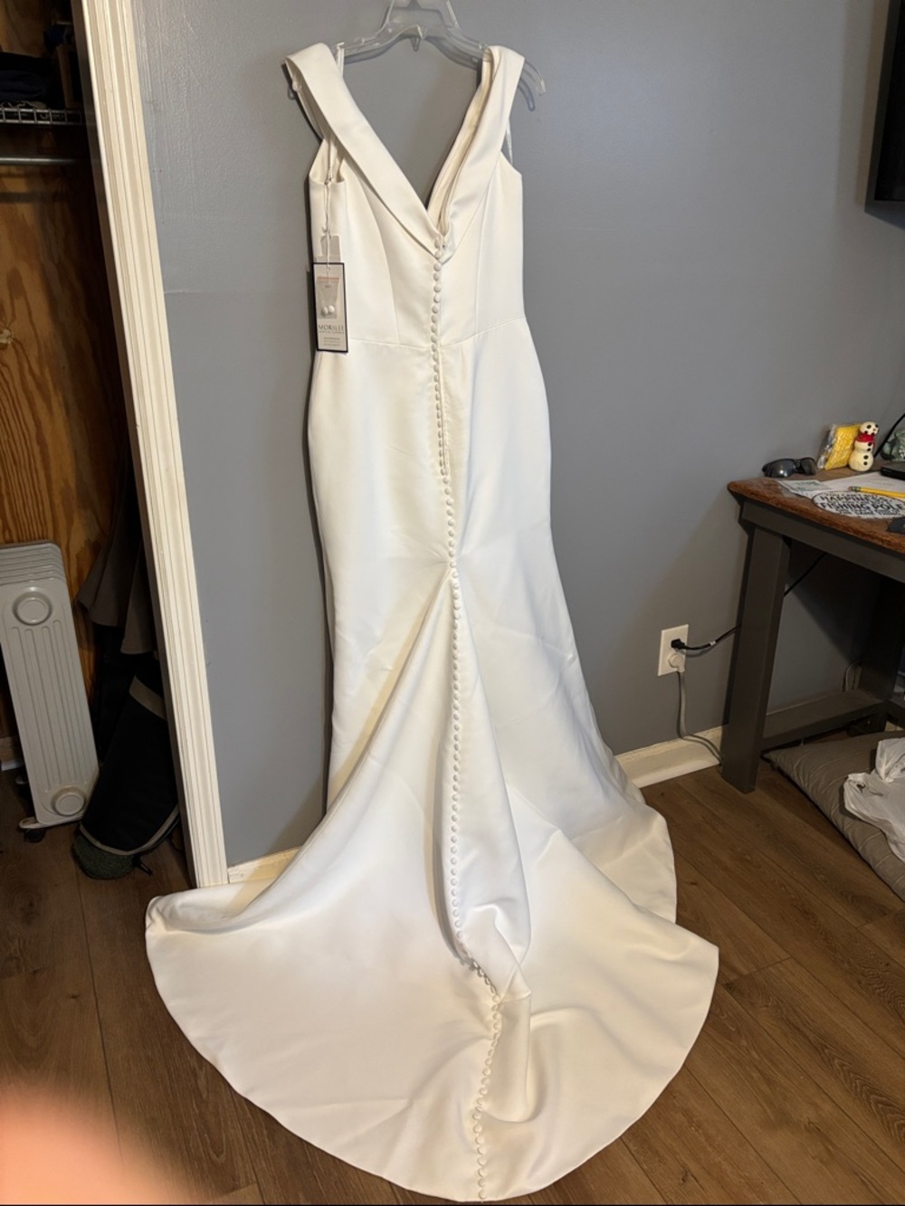 Classic White Bridal Gown with V-Squared Neckline and Covered Button Train